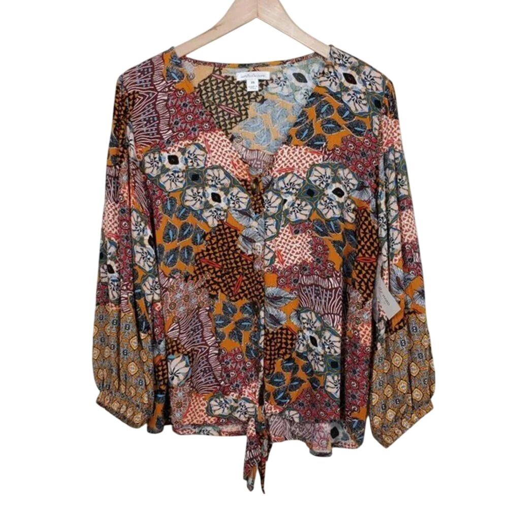 John Paul Richard Tie Front Blouse Multicolor Printed Rayon Women Size XS NEW